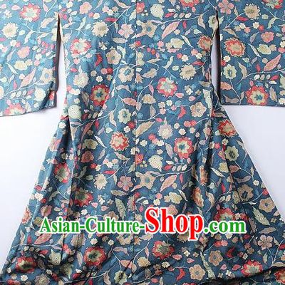Asian Japanese Classical Frangipane Pattern Blue Yukata Traditional Japan Kimono Costume for Men