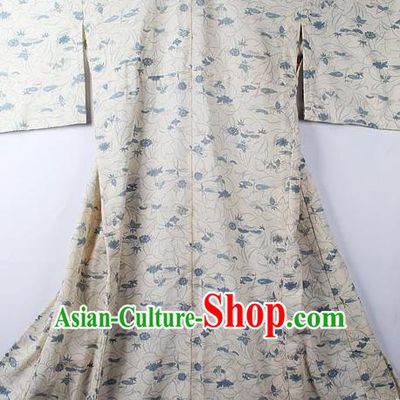 Asian Japanese Classical Daisy Pattern Beige Yukata Traditional Japan Kimono Costume for Men
