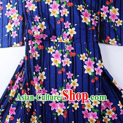 Asian Japanese Classical Sakura Pattern Deep Blue Furisode Kimono Ceremony Costume Traditional Japan Yukata Dress for Women