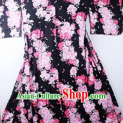 Asian Japanese Classical Peony Pattern Black Furisode Kimono Ceremony Costume Traditional Japan Yukata Dress for Women
