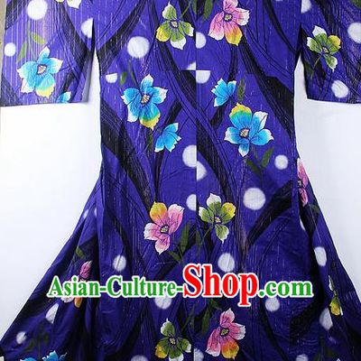 Asian Japanese Classical Flowers Pattern Deep Blue Furisode Kimono Ceremony Costume Traditional Japan Yukata Dress for Women