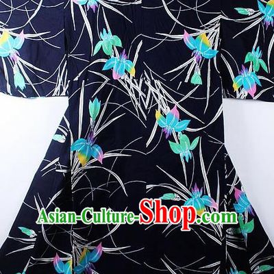 Asian Japanese Classical Orchid Pattern Navy Yukata Robe Traditional Japan Kimono Costume for Men