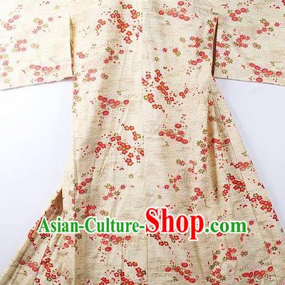 Asian Japanese Classical Sakura Pattern Yellow Furisode Kimono Ceremony Costume Traditional Japan Yukata Dress for Women