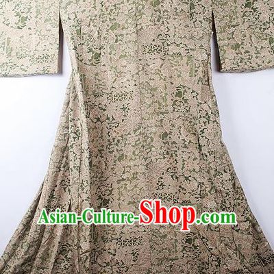 Asian Japanese Classical Sakura Pattern Olive Green Furisode Kimono Ceremony Costume Traditional Japan Yukata Dress for Women