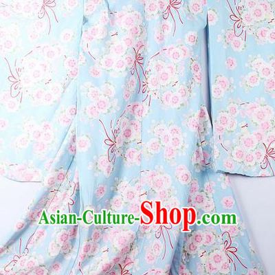 Asian Japanese Classical Sakura Pattern Light Blue Furisode Kimono Ceremony Costume Traditional Japan Yukata Dress for Women