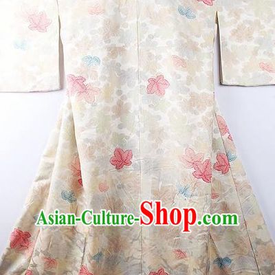 Asian Japanese National Iromuji Printing Maple Leaf Beige Furisode Kimono Ceremony Costume Traditional Japan Yukata Dress for Women