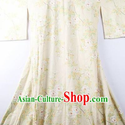 Asian Japanese National Iromuji Printing Camellia Beige Furisode Kimono Ceremony Costume Traditional Japan Yukata Dress for Women