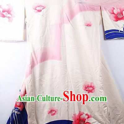 Asian Japanese National Iromuji Printing Peony White Furisode Kimono Ceremony Costume Traditional Japan Yukata Dress for Women