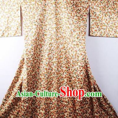 Asian Japanese National Iromuji Printing Golden Furisode Kimono Ceremony Costume Traditional Japan Yukata Dress for Women