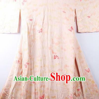 Asian Japanese National Iromuji Printing Butterfly Pink Furisode Kimono Ceremony Costume Traditional Japan Yukata Dress for Women