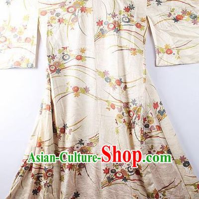 Asian Japanese National Iromuji Printing Chrysanthemum Beige Furisode Kimono Ceremony Costume Traditional Japan Yukata Dress for Women