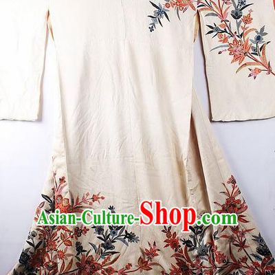 Asian Japanese National Iromuji Printing Beige Furisode Kimono Ceremony Costume Traditional Japan Yukata Dress for Women