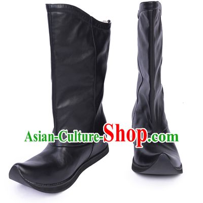 Ancient Chinese Style Long Black Leather Boots