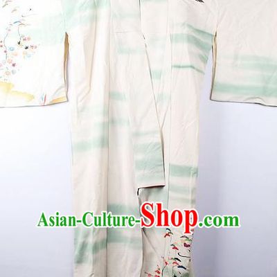 Asian Japanese Palace Classical Orchid Pattern Beige Furisode Kimono Ceremony Costume Traditional Japan Yukata Dress for Women
