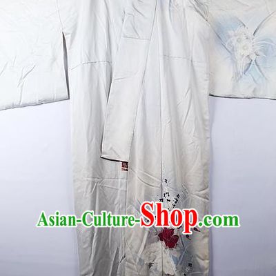 Asian Japanese Palace Classical Peony Pattern White Furisode Kimono Ceremony Costume Traditional Japan Yukata Dress for Women