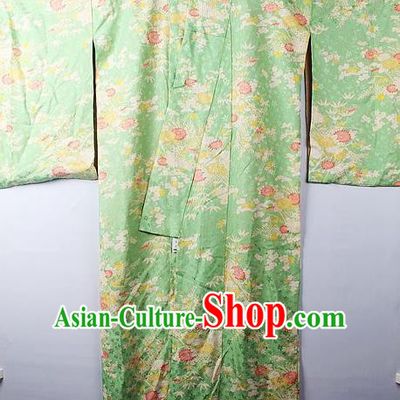 Asian Japanese Palace Classical Sakura Pattern Green Furisode Kimono Ceremony Costume Traditional Japan Yukata Dress for Women
