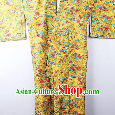 Asian Japanese Palace Classical Flowers Pattern Yellow Furisode Kimono Ceremony Costume Traditional Japan Yukata Dress for Women