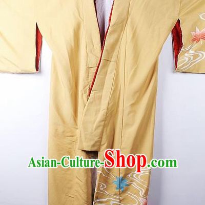 Asian Japanese Palace Classical Maple Leaf Pattern Yellow Furisode Kimono Ceremony Costume Traditional Japan Yukata Dress for Women