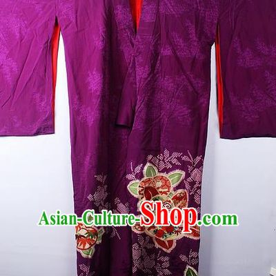 Asian Japanese Palace Classical Peony Pattern Purple Furisode Kimono Ceremony Costume Traditional Japan Yukata Dress for Women