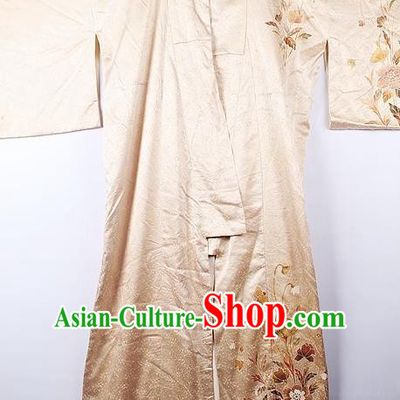 Asian Japanese Palace Hibiscus Pattern Golden Furisode Kimono Traditional Japan Yukata Dress for Women