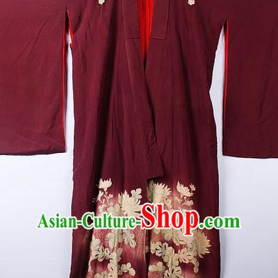 Asian Japanese Palace Chrysanthemum Pattern Wine Red Furisode Kimono Traditional Japan Yukata Dress for Women
