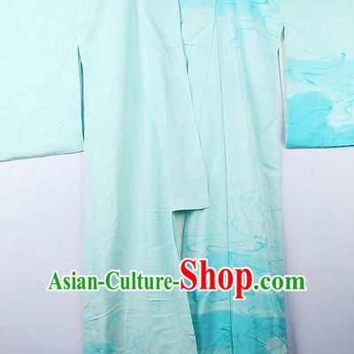 Asian Japanese Palace Pattern Blue Furisode Kimono Traditional Japan Yukata Dress for Women