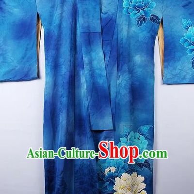 Asian Japanese Palace Peony Pattern Deep Blue Furisode Kimono Traditional Japan Yukata Dress for Women