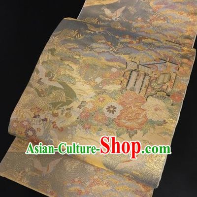 Japanese Traditional Classical Peony Crane Pattern Golden Waistband Kimono Brocade Accessories Asian Japan Yukata Belt for Women