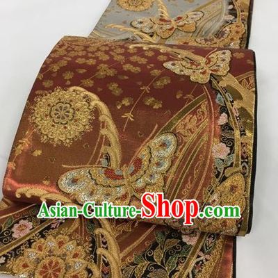 Japanese Traditional Classical Butterfly Pattern Brown Waistband Kimono Brocade Accessories Asian Japan Yukata Belt for Women