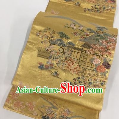Japanese Traditional Classical Peony Orchid Pattern Golden Waistband Kimono Brocade Accessories Asian Japan Yukata Belt for Women