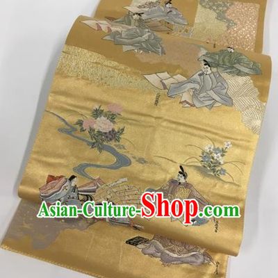 Japanese Traditional Classical Character Pattern Golden Waistband Kimono Brocade Accessories Asian Japan Yukata Belt for Women