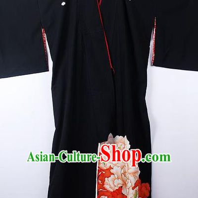Asian Japanese Palace Peony Pattern Black Furisode Kimono Traditional Japan Yukata Dress for Women