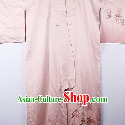 Asian Japanese Palace Bamboo Leaf Pattern Pink Furisode Kimono Traditional Japan Yukata Dress for Women