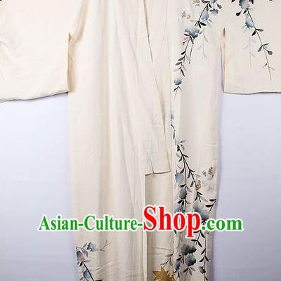 Asian Japanese Palace Jasmine Pattern Beige Furisode Kimono Traditional Japan Yukata Dress for Women