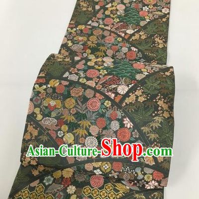Japanese Traditional Classical Cornflower Pattern Deep Green Waistband Kimono Brocade Accessories Asian Japan Yukata Belt for Women