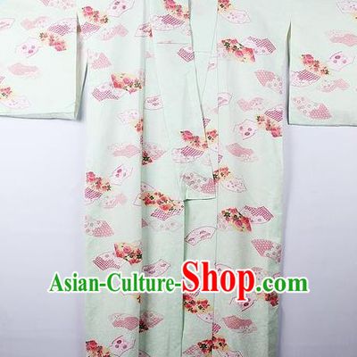 Asian Japanese Palace Fan Pattern Light Green Furisode Kimono Traditional Japan Yukata Dress for Women