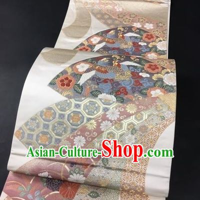Japanese Traditional Classical Cornflower Crane Pattern Waistband Kimono Brocade Accessories Asian Japan Yukata Belt for Women