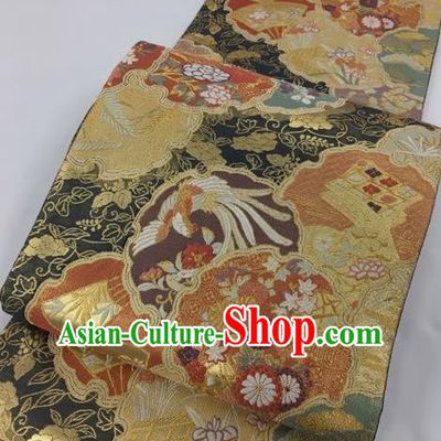 Japanese Traditional Classical Phoenix Cornflower Pattern Black Waistband Kimono Brocade Accessories Asian Japan Yukata Belt for Women