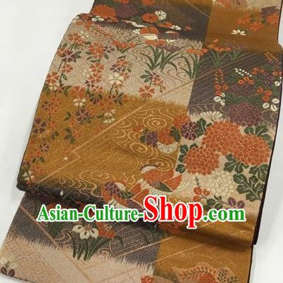 Japanese Traditional Classical Mandarin Duck Chrysanthemum Pattern Golden Waistband Kimono Brocade Accessories Asian Japan Yukata Belt for Women