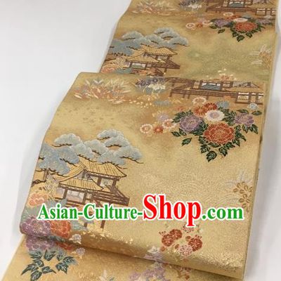 Japanese Traditional Classical Peony Pine Pattern Golden Waistband Kimono Brocade Accessories Asian Japan Yukata Belt for Women
