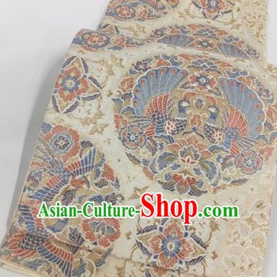 Japanese Traditional Classical Peacock Pattern Beige Waistband Kimono Brocade Accessories Asian Japan Yukata Belt for Women