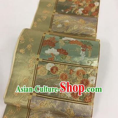 Japanese Traditional Classical Chrysanthemum Pattern Olive Green Waistband Kimono Brocade Accessories Asian Japan Yukata Belt for Women
