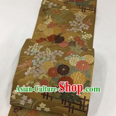 Japanese Traditional Classical Chrysanthemum Pattern Olive Green Waistband Kimono Brocade Accessories Asian Japan Yukata Belt for Women