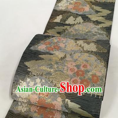 Japanese Traditional Classical Chrysanthemum Peony Pattern Black Waistband Kimono Brocade Accessories Asian Japan Yukata Belt for Women