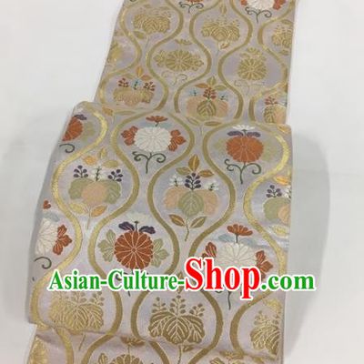 Japanese Traditional Classical Chrysanthemum Peony Pattern Argent Waistband Kimono Brocade Accessories Asian Japan Yukata Belt for Women
