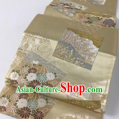 Japanese Traditional Classical Cornflowers Pattern Khaki Waistband Kimono Brocade Accessories Asian Japan Yukata Belt for Women