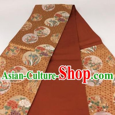 Japanese Traditional Classical Orchid Pattern Rust Red Waistband Kimono Brocade Accessories Asian Japan Yukata Belt for Women