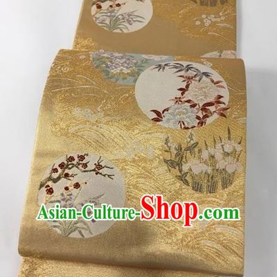 Japanese Traditional Classical Plum Orchid Pattern Golden Waistband Kimono Brocade Accessories Asian Japan Yukata Belt for Women