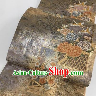 Japanese Traditional Classical Sakura Peony Pattern Grey Waistband Kimono Brocade Accessories Asian Japan Yukata Belt for Women