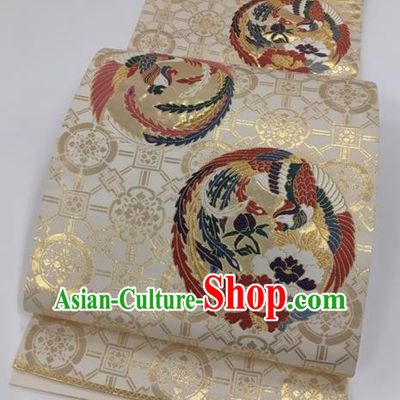 Japanese Traditional Classical Phoenix Peony Pattern Light Golden Waistband Kimono Brocade Accessories Asian Japan Yukata Belt for Women